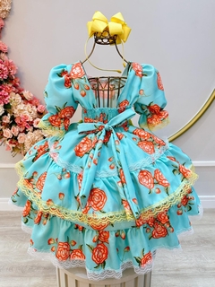 Vestido Infantil Junino Verde Florido com Aplique de Laços na internet