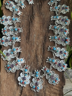 Gargantilla mexicana de plata con turquesas, amatistas y coral - comprar online