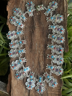 Gargantilla mexicana de plata con turquesas, amatistas y coral