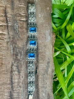 Antigua pulsera de plata bermeil con filigrana con esmalta y zafiro reconstituido