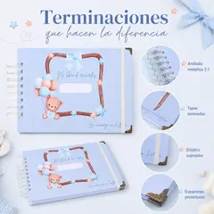 Detalles de calidad del álbum Osito Celeste con anillado metálico, elástico, tapas laminadas y esquineros