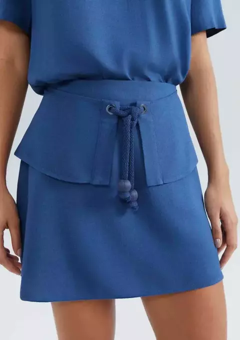 Shorts Saia Cintura Alta Em Viscolinho - Azul