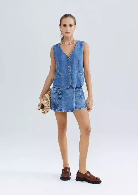 Shorts Saia Jeans Cargo Cintura Média - Azul