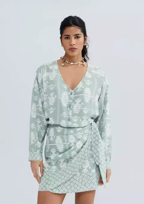 Blusa Feminina Manga Longa Estampada Em Viscolinho -VERDE