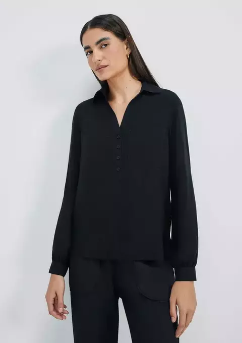 Camisa Básica Feminina Manga Longa Em Viscose - Preto
