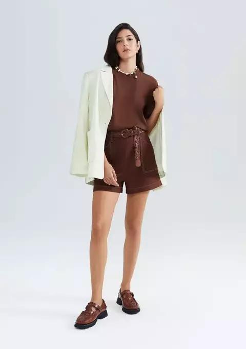 Shorts Feminino Cintura Alta Com Linho - Marrom