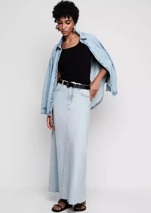 Saia Jeans Cintura Alta Evasê - Azul
