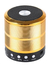 Caixa de som Bluetooth portátil dourada, com FM e controles na base.