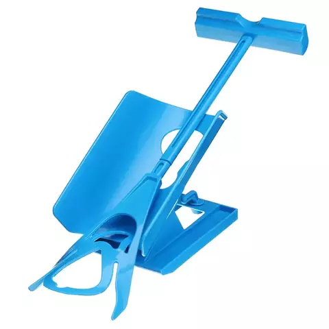 Calçador de meias azul, acessório prático para vestir meias facilmente.