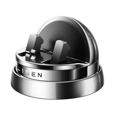 Suporte rotativo para celular, prateado, moderno, compacto, ajustável.