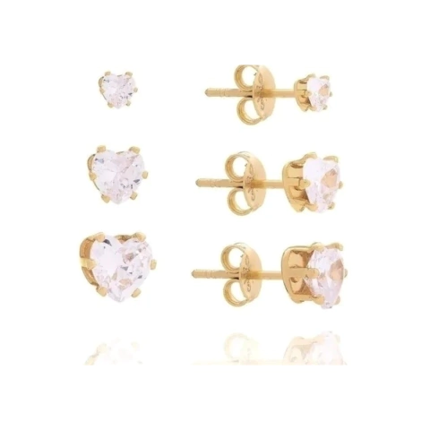 Trio de Brincos Corações Folheado a Ouro 18k