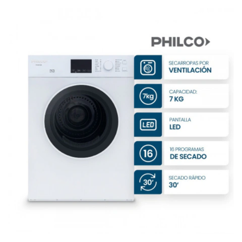 Secarropas Philco 7 kg de Capacidad - Secado Rápido y Eficiente (Blanco)