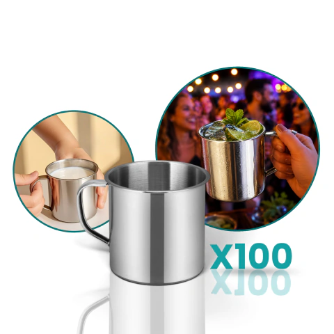100 Canecas Aço Inox 7 Cm 400 Ml Inox Polido Café E Chá Luxo Prateado