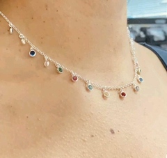 Choker Elos Português com pingentes de zircônias Prata 925 - BellaUna joias 