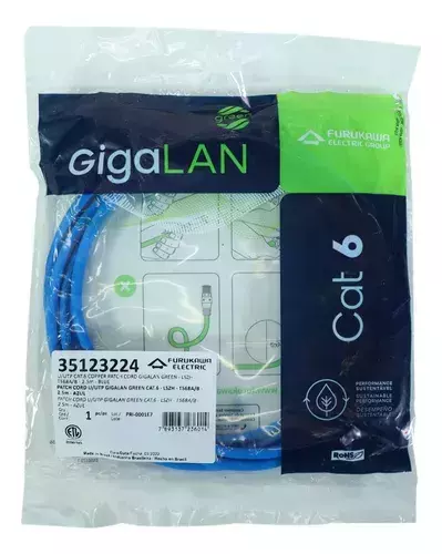 1 Caixa - 15 Unidades - Patch Cord Gigalan Green Cat.6 - 2,5m - Azul - Furukawa - LSZH - T568A/B 35123224
