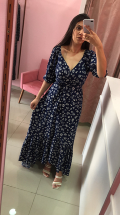 Vestido Longo Envelope Catharine - Floral azul marinho - comprar online