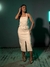 Vestido Midi de Couro Sintético Nude com Fenda e Cinto Marcado