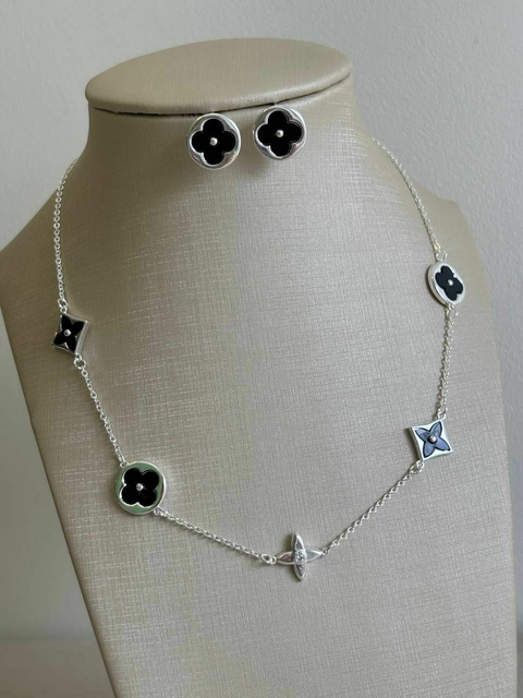 CONJUNTO VIRGINIA RESINA PRETA PRATA - SEMIJOIA