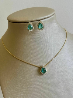 CONJUNTO GOTA C/ PEDRARIA VERDE - SEMIJOIA