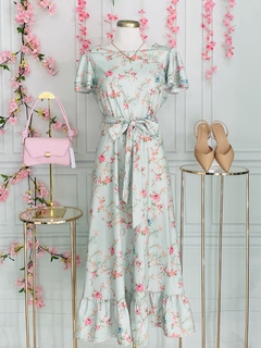 Vestido Largo verde estampado floral de lazo en cintura en internet
