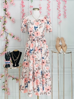 Vestido Largo estampado floral de lazo en cintura en internet