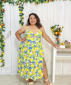 Vestido largo estampado limones de nudo en escote - comprar en línea