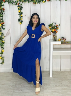 Vestido largo azul abertura en pierna y cinturon simulado - comprar en línea