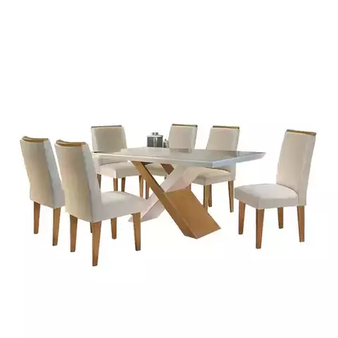 Conjunto: Mesa Sala Jantar Imperatriz Tampo Madeirado c/ Vidro 180cm Canto Reto + 6 Cadeiras Lunara Imbuia/Creme - Rufato