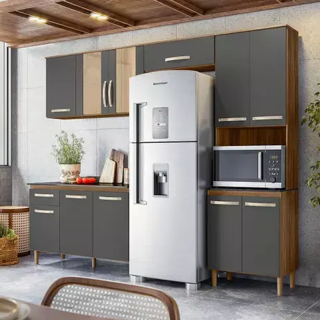 Cozinha Compacta Fit 11 Portas com Balcão Carvalho Rústico/Chumbo Nicioli