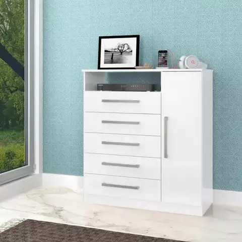Cômoda 5 Gavetas Com Sapateira Vicenza - Branco Brilho - Atualle