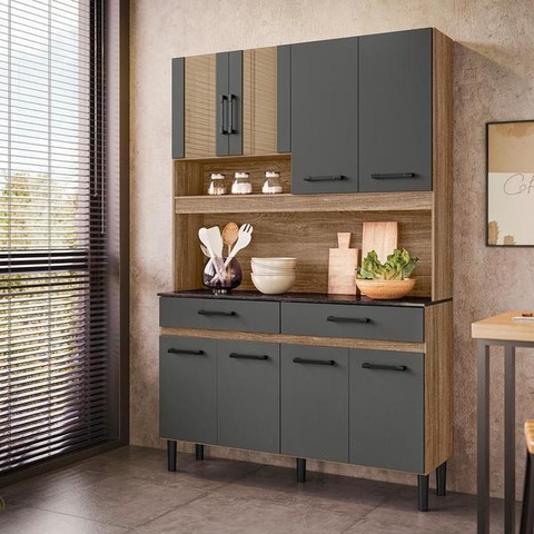 Kit Cozinha Bari 8 Portas 2 Gavetas Carvalho Rústico/Chumbo - Nicioli