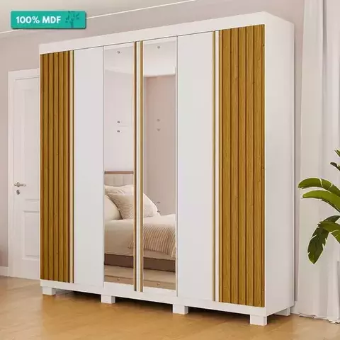 Guarda Roupa Casal 100% Mdf 6 Portas Ripado 6 Gavetas Eliza Acp Móveis Branco/Cinamomo - ACP MOVEIS