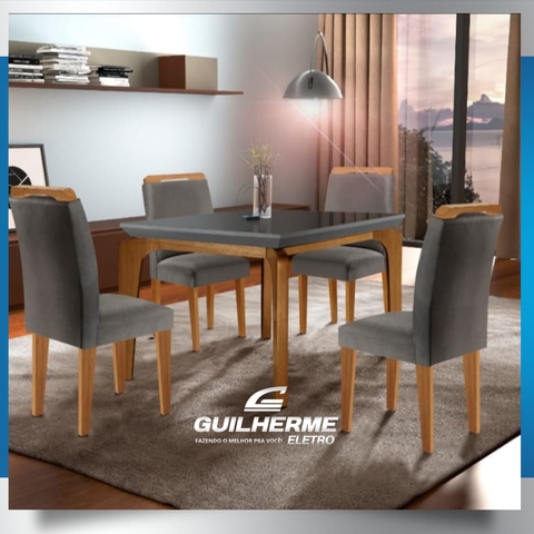 Mesa de Jantar Londrina com 4 Cadeiras Imbuia Rufato Móveis Cor Tampo Cinza Tecido Cinza