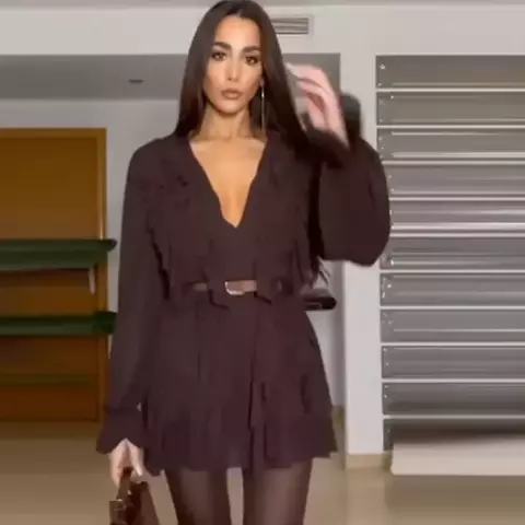 Traf 2025 plissado vestido feminino vintage manga longa elegante - comprar online