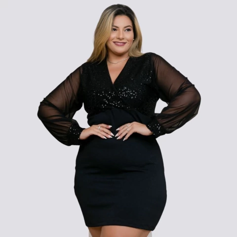 Imagem do Vestido Plus Size Feminino Paetê Manga Longa Roupas 48 a 52 0122