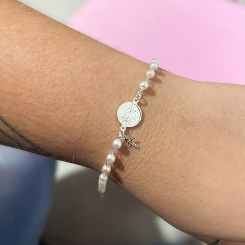 Pulseira Perola com Medalha de São Bento