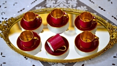 Juego de 6 Flat Demitasse , Porcelana Paragon Fine bone China England . Burgundy & Gold C1929-1939
