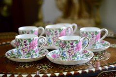 Juego de 6 Tazas para Café con Plato , Porcelana Crown Staffordshire England, Pattern Thousand Flowers C1912 - tienda online