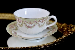 Taza para Te Porcelaine Limousine Limoges France , Rosas con Franja en Verde C1920-1938