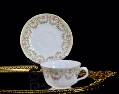 Taza para Te Porcelaine Limousine Limoges France , Rosas con Franja en Verde C1920-1938 - Funcy Stuff Antiguedades