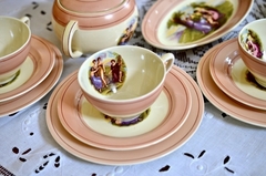 Trio para Te Woods Ivory Ware England, Escena Clásica con Guarda Rosa C1930