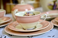 Trio para Te Woods Ivory Ware England, Escena Clásica con Guarda Rosa C1930 - Funcy Stuff Antiguedades