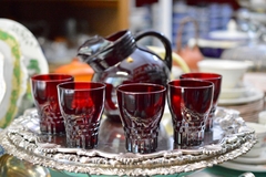 Juego para Agua o Jugo Anchor Hocking USA, Jarra y 5 Vasos Color Ruby C1950 - Funcy Stuff Antiguedades