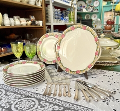 Set Masitero con 8 Platos Porcelana Raynaud & Co. Limoges Art Deco Guarda de Rosas Vivo Oro C1919-1928