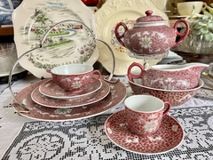 Trio para Te Porcelana Jiangxi Jingdezhen Min Ci Pink Chrysanthemum China C1949-1966 - Funcy Stuff Antiguedades