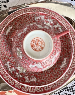 Trio para Te Porcelana Jiangxi Jingdezhen Min Ci Pink Chrysanthemum China C1949-1966 en internet