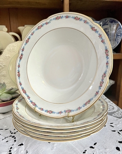 Juego de 6 Platos Hondos Porcelana Crescent England, Para Mappi&Webb Guarda FLoral vivo en Oro C1920 - Funcy Stuff Antiguedades