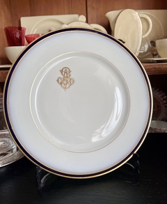 Plato Playo W. Guerrin Limoges France Guarda Cobalto y Oro con Monograma C1931