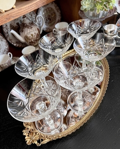 Set de 6 Copas para Champagne Coupe Cristal Tallado Fuste Facetado - Funcy Stuff Antiguedades