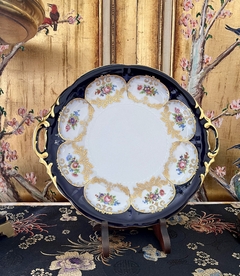 Gran Plato Masitero con Asas Porcelana Aelteste Hutschenreuther Hohenberg Germany Guarda Azul Cobalto Pintado a Mano C1948